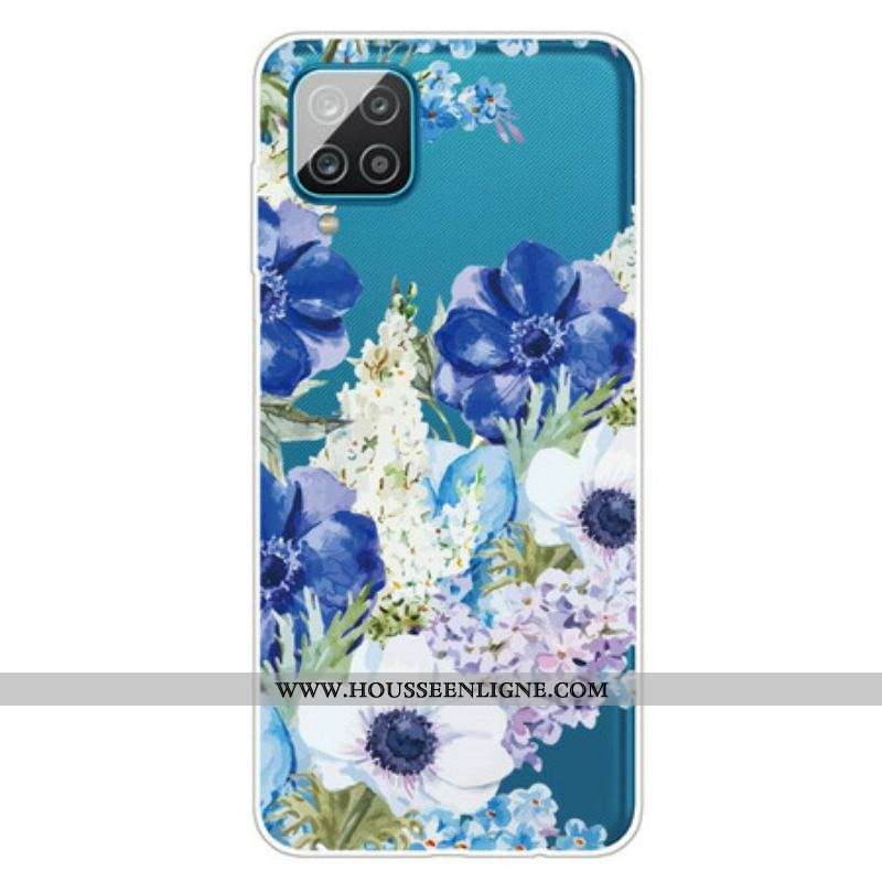 Coque Samsung Galaxy A12 / M12 Transparente Fleurs Bleues Aquarelle
