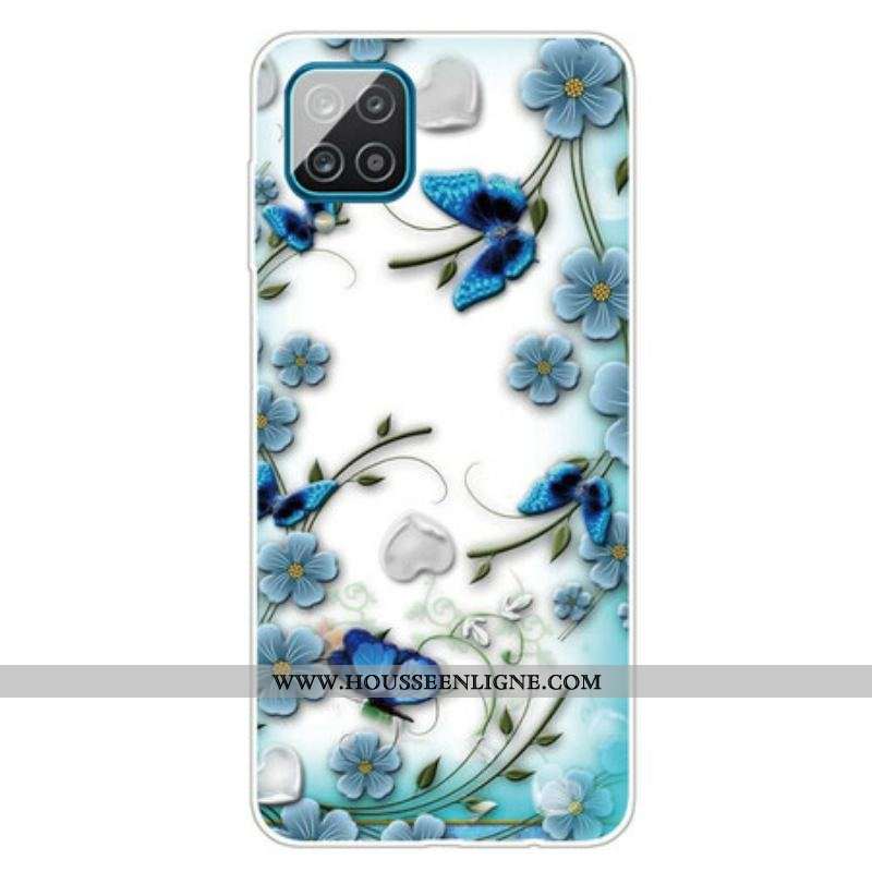 Coque Samsung Galaxy A12 / M12 Transparente Papillons et Fleurs Rétros