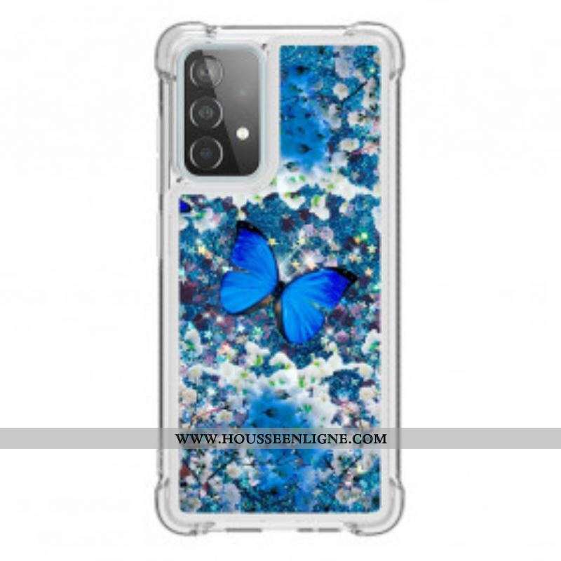 Coque Samsung Galaxy A52 4G / A52 5G / A52s 5G Papillons Bleus Paillettes