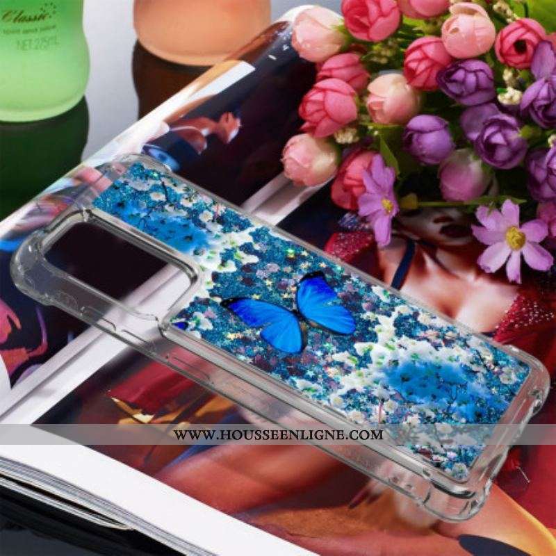 Coque Samsung Galaxy A52 4G / A52 5G / A52s 5G Papillons Bleus Paillettes