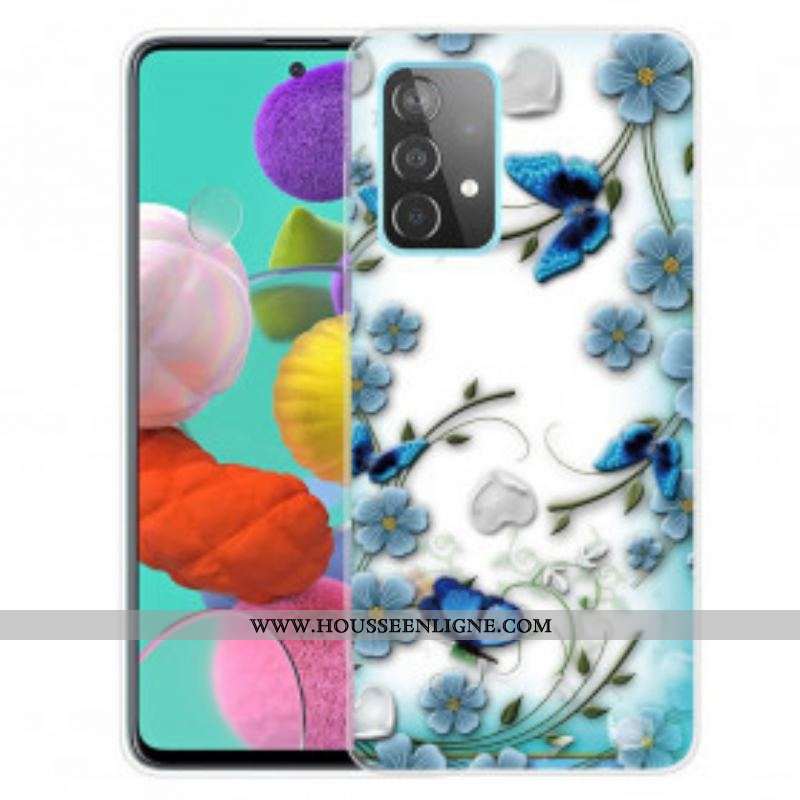 Coque Samsung Galaxy A52 4G / A52 5G / A52s 5G Papillons et Fleurs Rétros