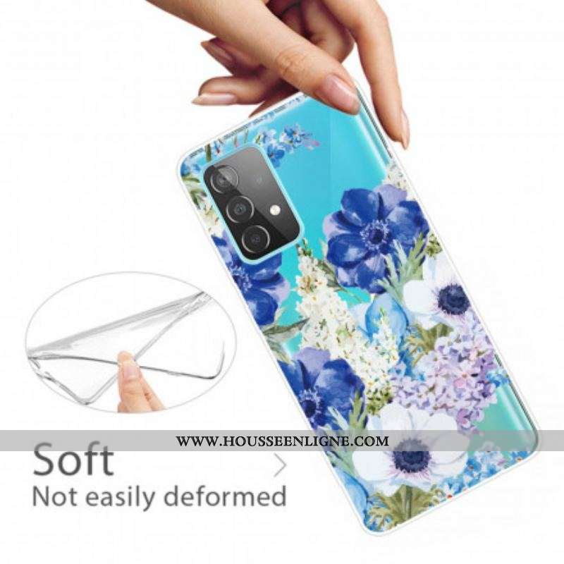 Coque Samsung Galaxy A52 4G / A52 5G / A52s 5G Transparente Fleurs Bleues Aquarelle