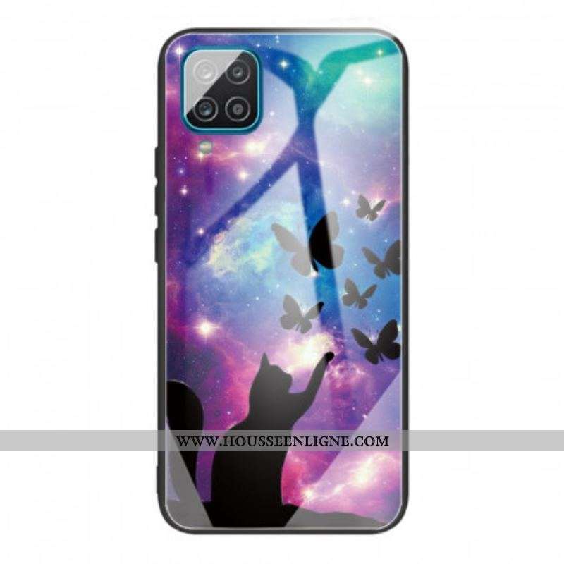 Coque Samsung Galaxy M32 Verre Trempé Chat et Papillons Dans l'Espace