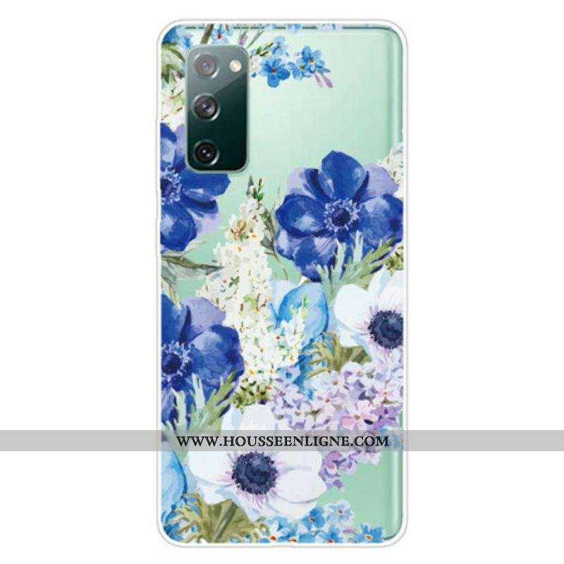 Coque Samsung Galaxy S20 FE Transparente Fleurs Bleues Aquarelle