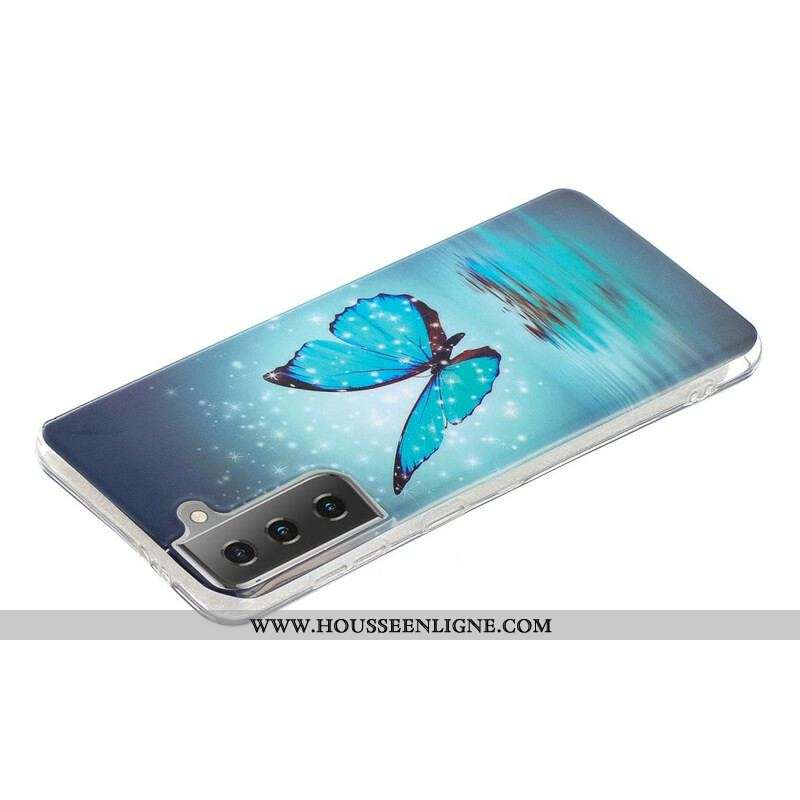 Coque Samsung Galaxy S21 5G Papillon Bleu Fluorescente