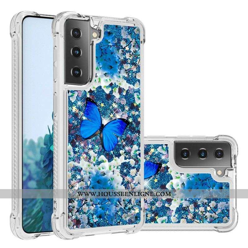 Coque Samsung Galaxy S21 5G Papillons Bleus Paillettes