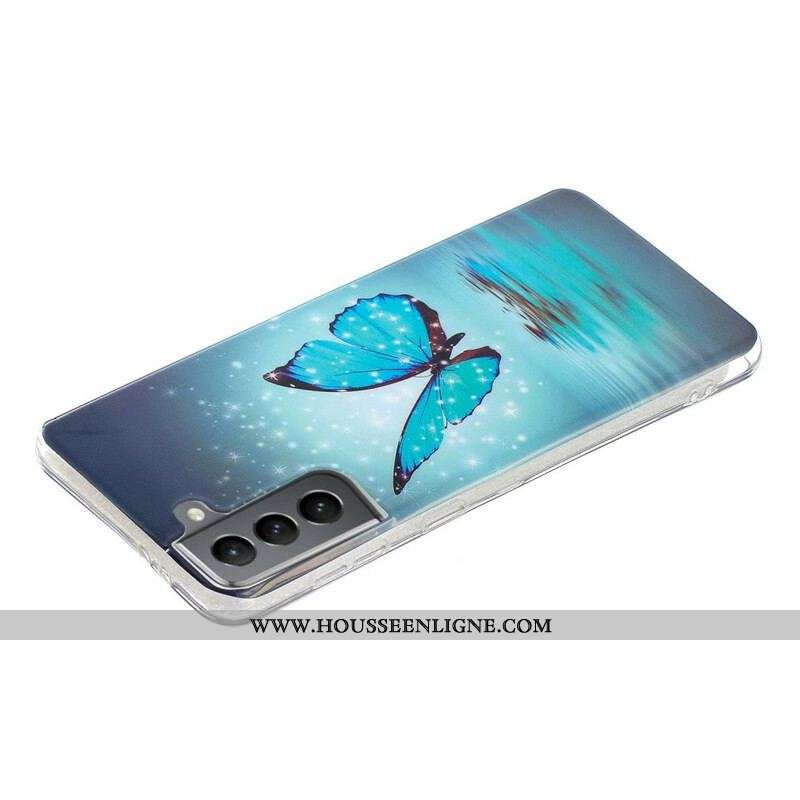 Coque Samsung Galaxy S21 FE Papillon Bleu Fluorescente