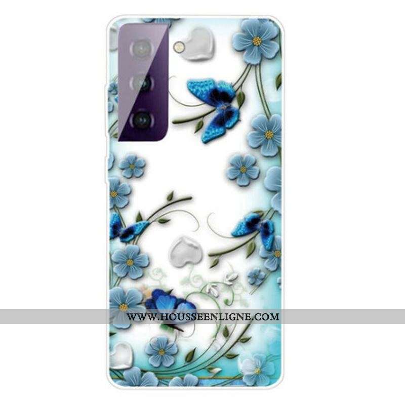 Coque Samsung Galaxy S21 FE Papillons et Fleurs Rétros