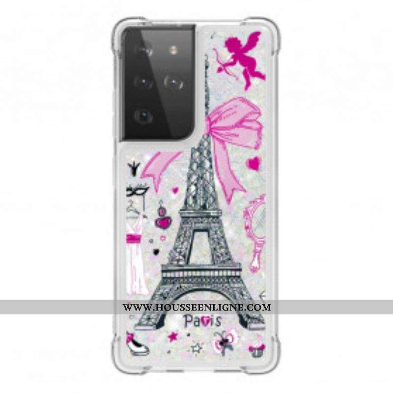 Coque Samsung Galaxy S21 Ultra 5G La Tour Eiffel Paillettes