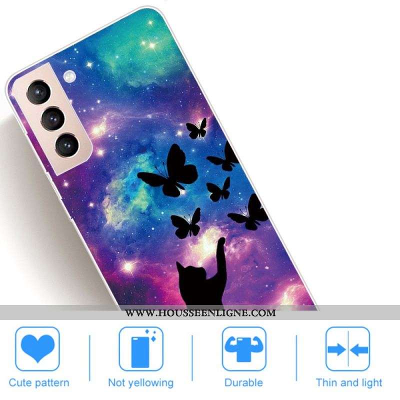 Coque Samsung Galaxy S22 5G Chat et Papillons Dans l'Espace