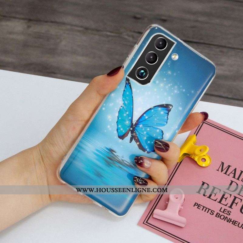 Coque Samsung Galaxy S22 Plus 5G Papillons Bleus Fluorescente