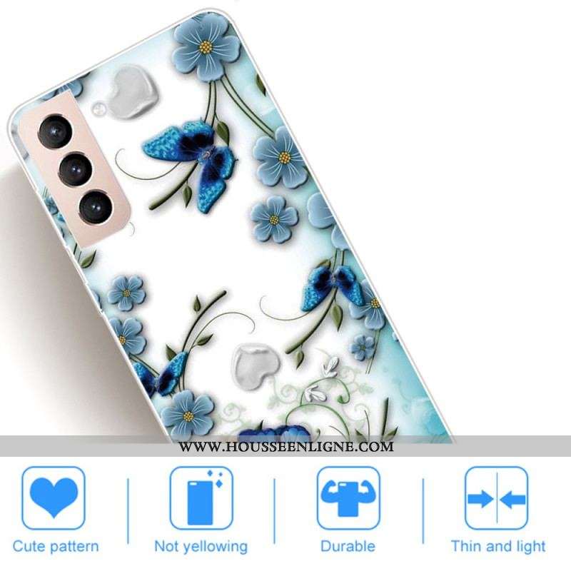 Coque Samsung Galaxy S22 Plus 5G Papillons et Fleurs Rétros