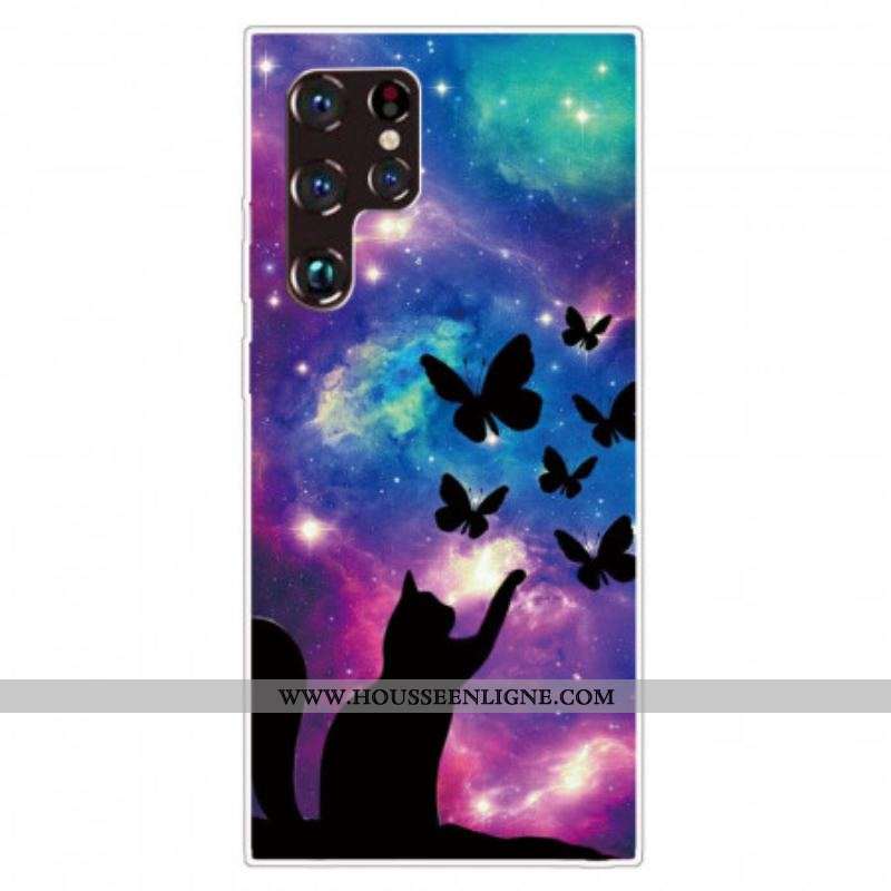 Coque Samsung Galaxy S22 Ultra 5G Chat et Papillons Dans l'Espace