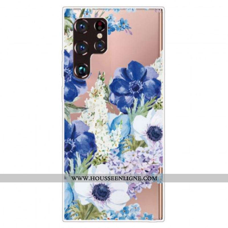 Coque Samsung Galaxy S22 Ultra 5G Fleurs Bleues Aquarelle