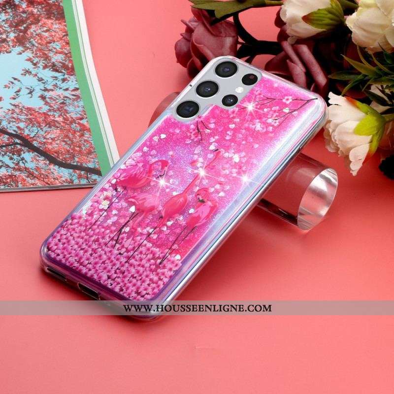 Coque Samsung Galaxy S22 Ultra 5G Paillettes Flamants Roses