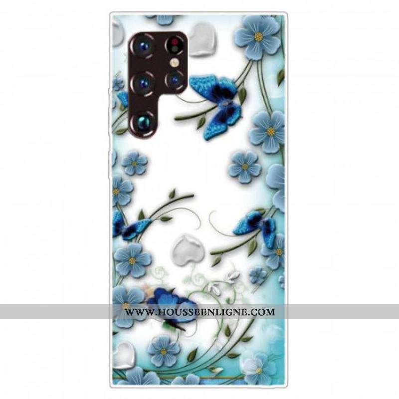 Coque Samsung Galaxy S22 Ultra 5G Papillons et Fleurs Rétros