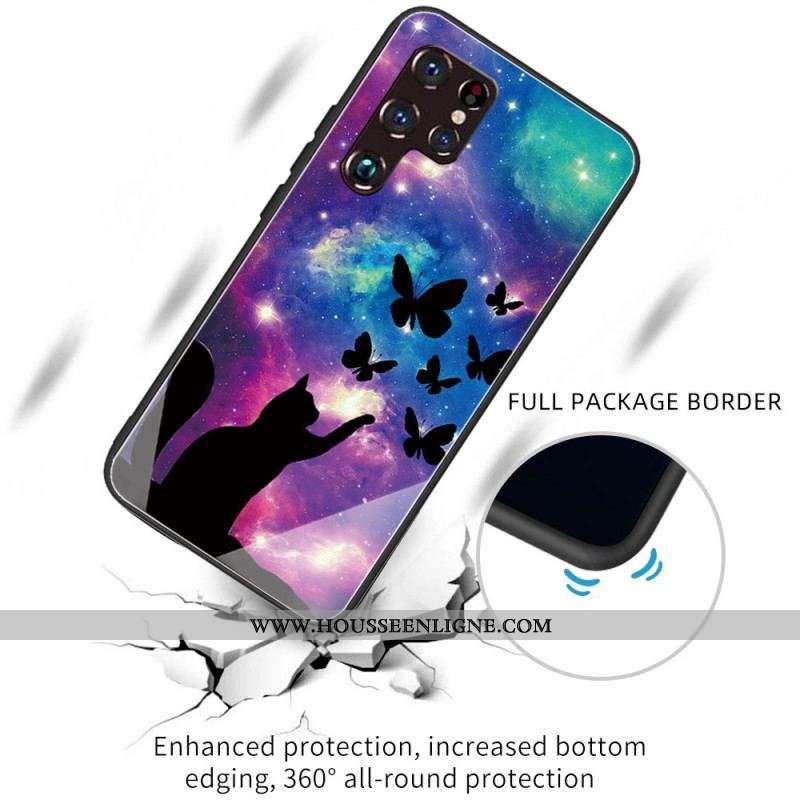 Coque Samsung Galaxy S22 Ultra 5G Verre Trempé Chat et Papillons Dans l'Espace