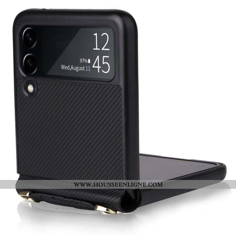 Coque Samsung Galaxy Z Flip 4 Effet Cuir Texture Fibre Carbone Avec Sangle