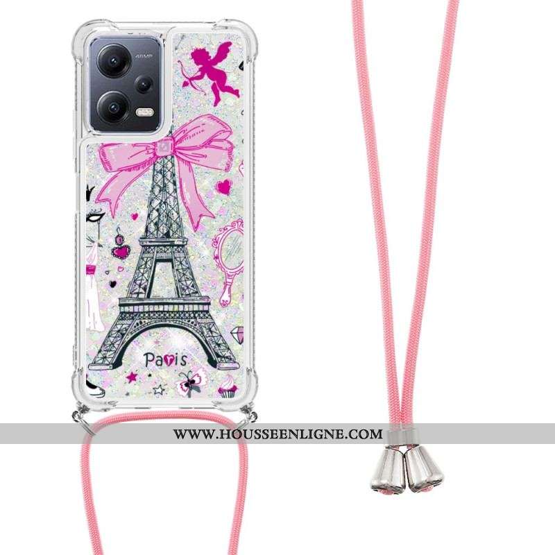 Coque Xiaomi Redmi Note 12/Poco X5 5G à Cordon Paillettes Tour Eiffel