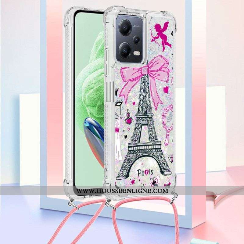 Coque Xiaomi Redmi Note 12/Poco X5 5G à Cordon Paillettes Tour Eiffel