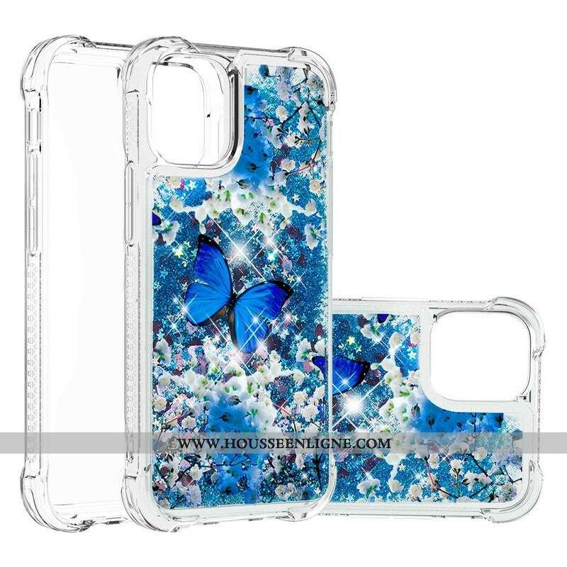Coque iPhone 13 Mini Papillons Bleus Paillettes