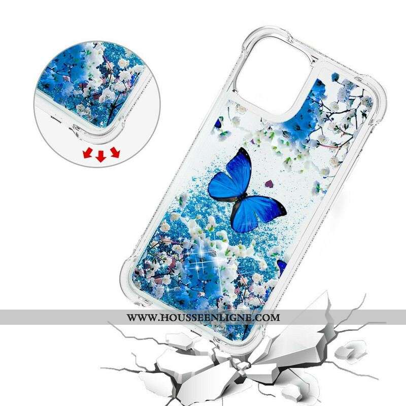 Coque iPhone 13 Mini Papillons Bleus Paillettes