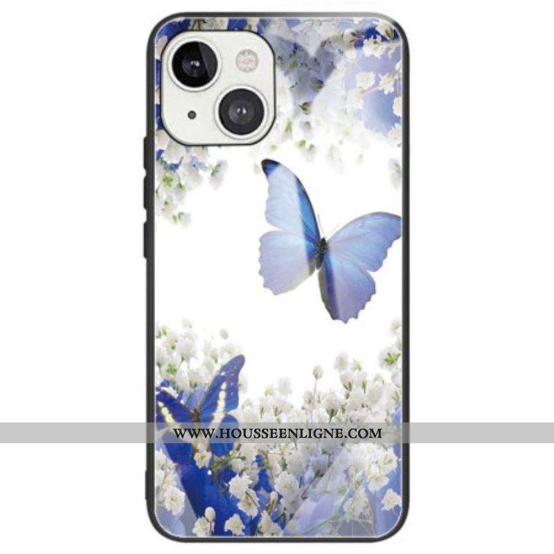 Coque iPhone 14 Verre Trempé Papillons Bleus
