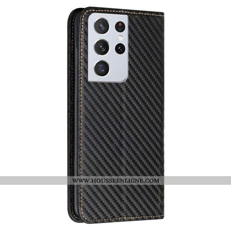 Flip Cover Samsung Galaxy S21 Ultra 5G Fibre Carbone à Lanière