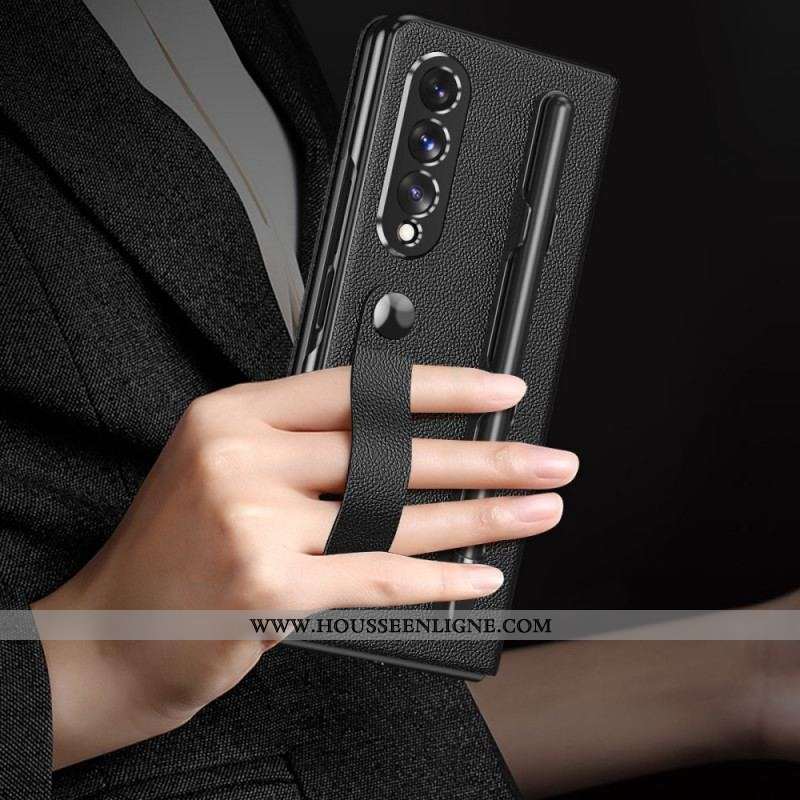 Flip Cover Samsung Galaxy Z Fold 3 5G Style Cuir Litchi Porte-Stylet et Sangle