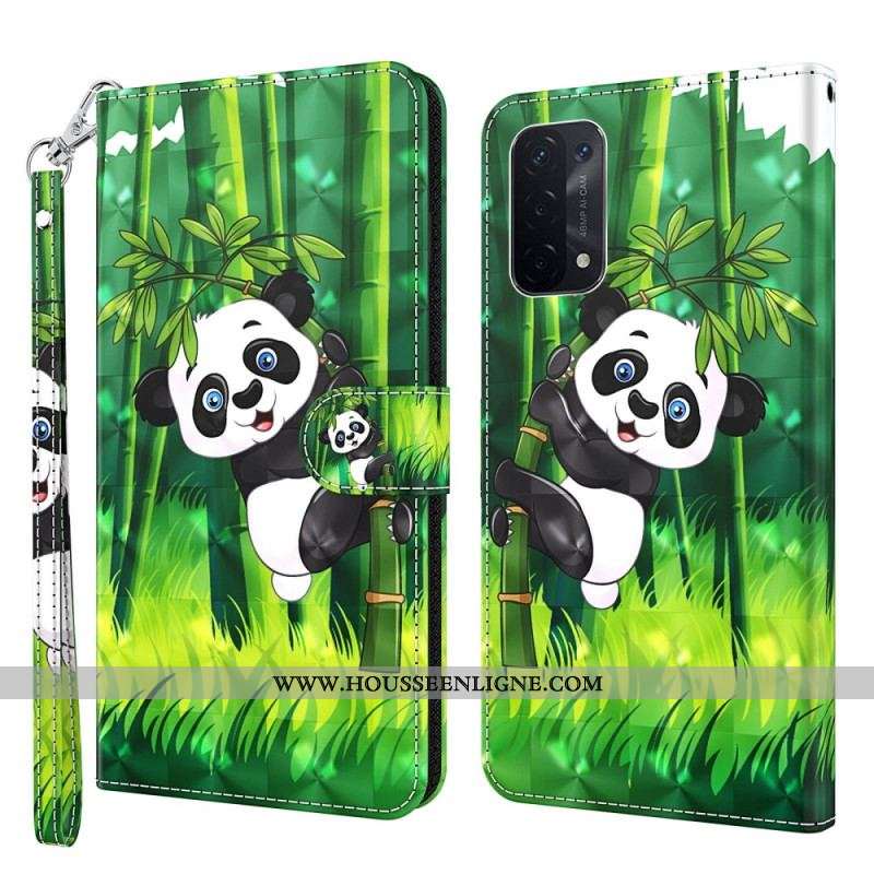 Housse Oppo A54 5G / A74 5G Panda et Bambou à Lanière