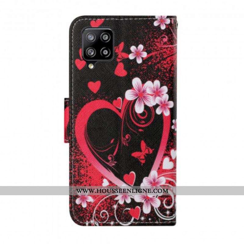 Housse Samsung Galaxy A12 / M12 Fleurs et Coeurs avec Lanière