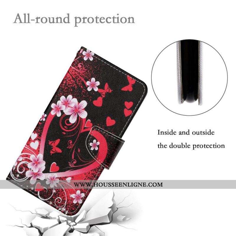 Housse Samsung Galaxy A13 Fleurs et Coeurs avec Lanière