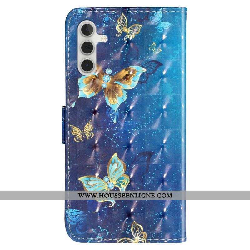 Housse Samsung Galaxy A14 5G / A14 Papillons Dorés à Lanière