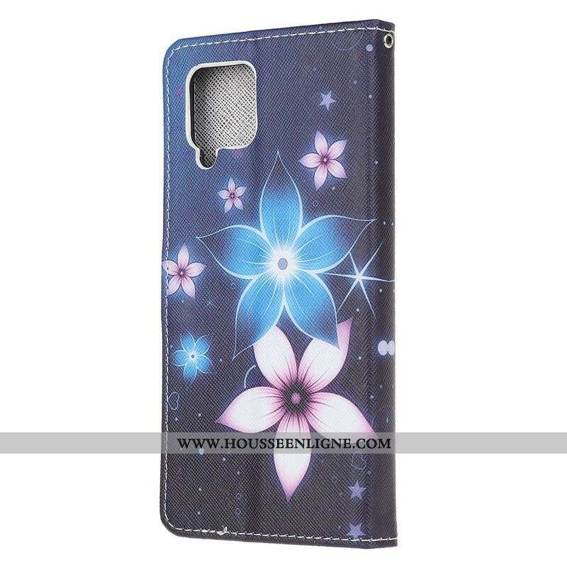 Housse Samsung Galaxy A42 5G Fleurs Lunaires à Lanière