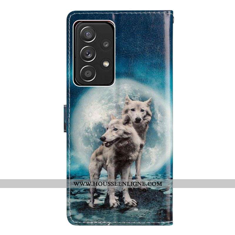 Housse Samsung Galaxy A53 5G Loups au Clair de Lune avec Lanière
