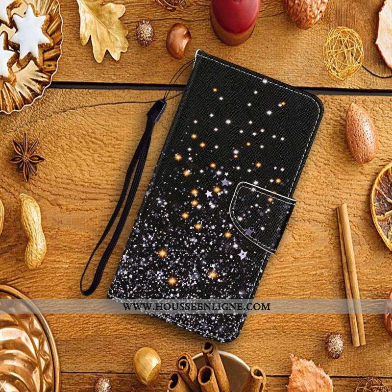 Housse Samsung Galaxy A54 5G Fond Noir et Paillettes à Lanière