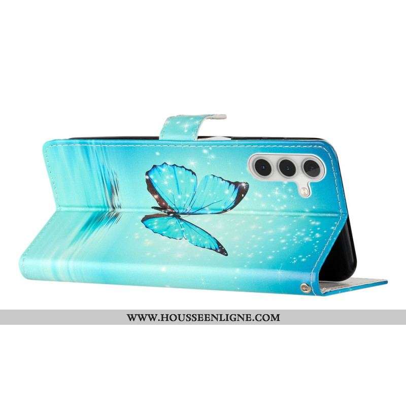 Housse Samsung Galaxy A54 5G Papillon Bleu à Lanière