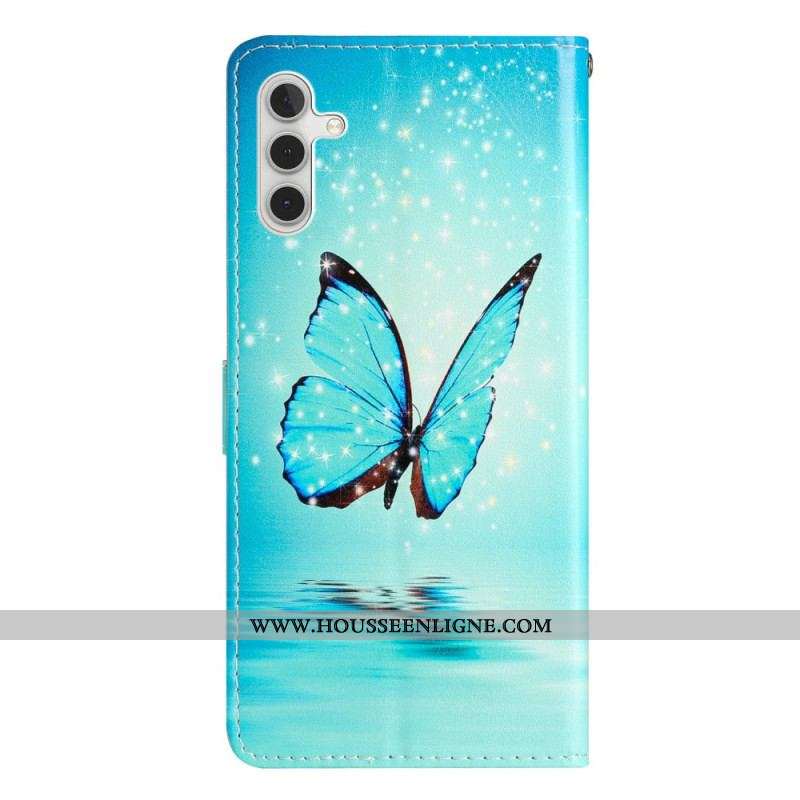 Housse Samsung Galaxy A54 5G Papillon Bleu à Lanière