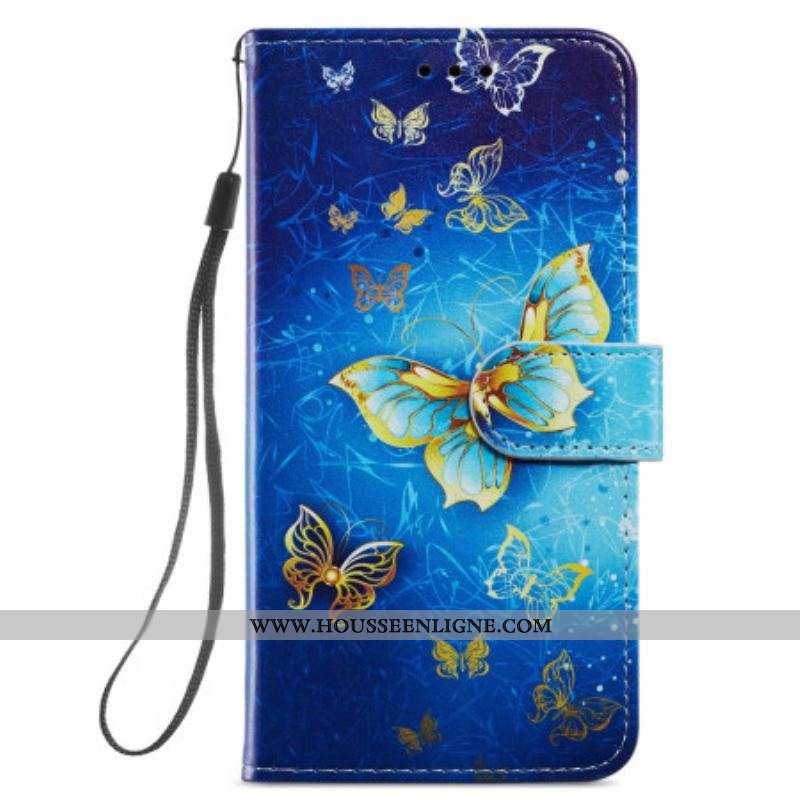 Housse Samsung Galaxy A54 5G Papillons Dorés à Lanière