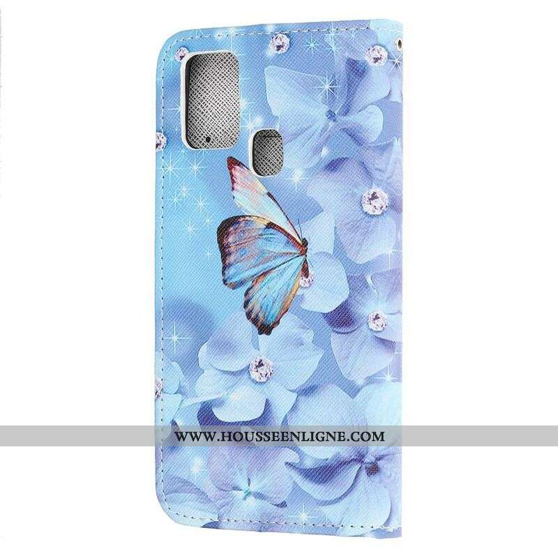 Housse Samsung Galaxy M21 Papillons Diamants à Lanière