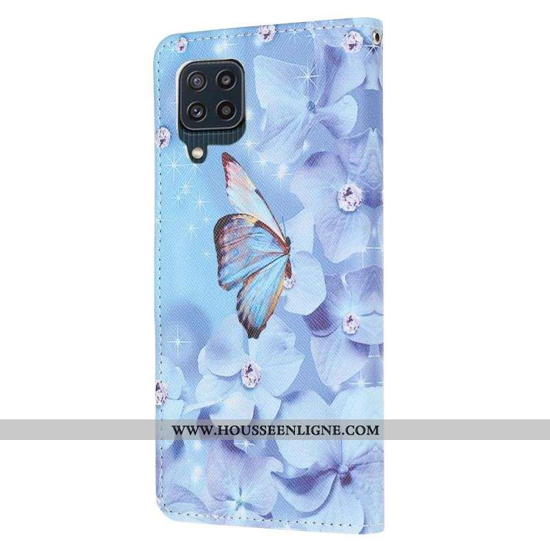 Housse Samsung Galaxy M32 Papillons Diamants à Lanière