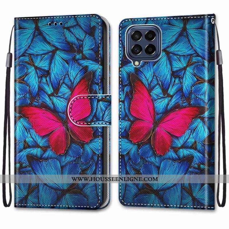 Housse Samsung Galaxy M53 5G Papillon Rouge Sur Fond Bleu