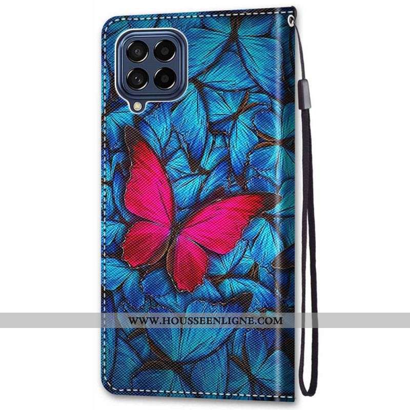 Housse Samsung Galaxy M53 5G Papillon Rouge Sur Fond Bleu