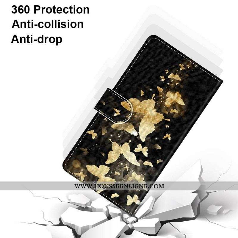Housse Samsung Galaxy M53 5G Papillons Or à Lanière