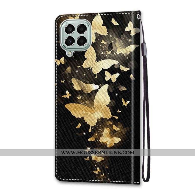 Housse Samsung Galaxy M53 5G Papillons Or à Lanière