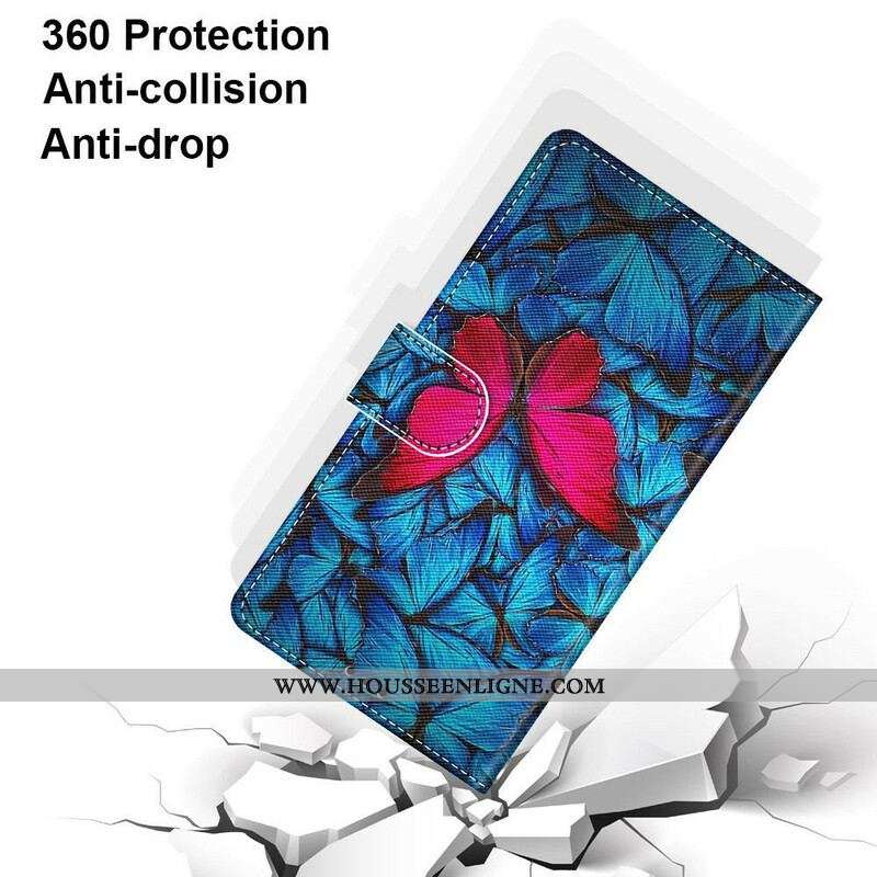 Housse Samsung Galaxy S21 5G Papillon Rouge Sur Fond Bleu