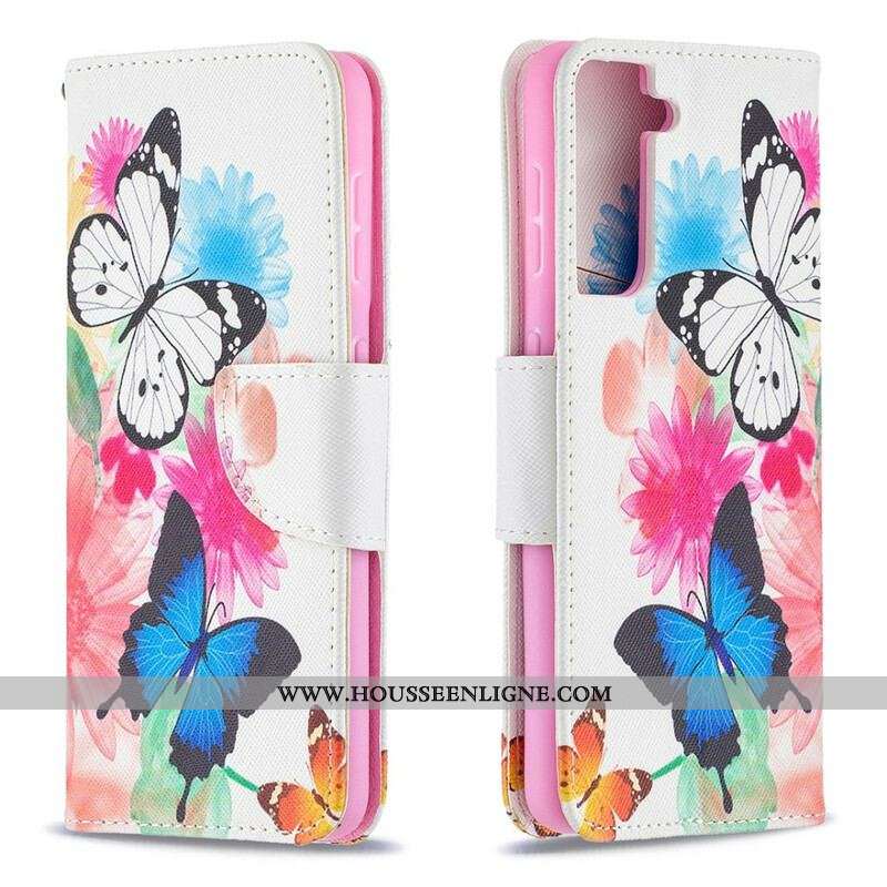 Housse Samsung Galaxy S21 5G Papillons et Fleurs Peints