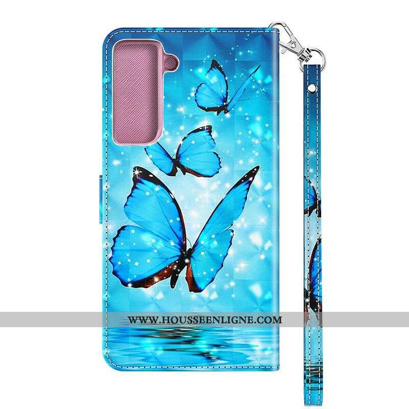 Housse Samsung Galaxy S21 FE Papillons Bleus Volants
