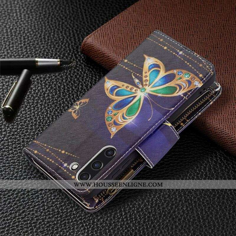 Housse Samsung Galaxy S21 FE Poche Zippée Papillons