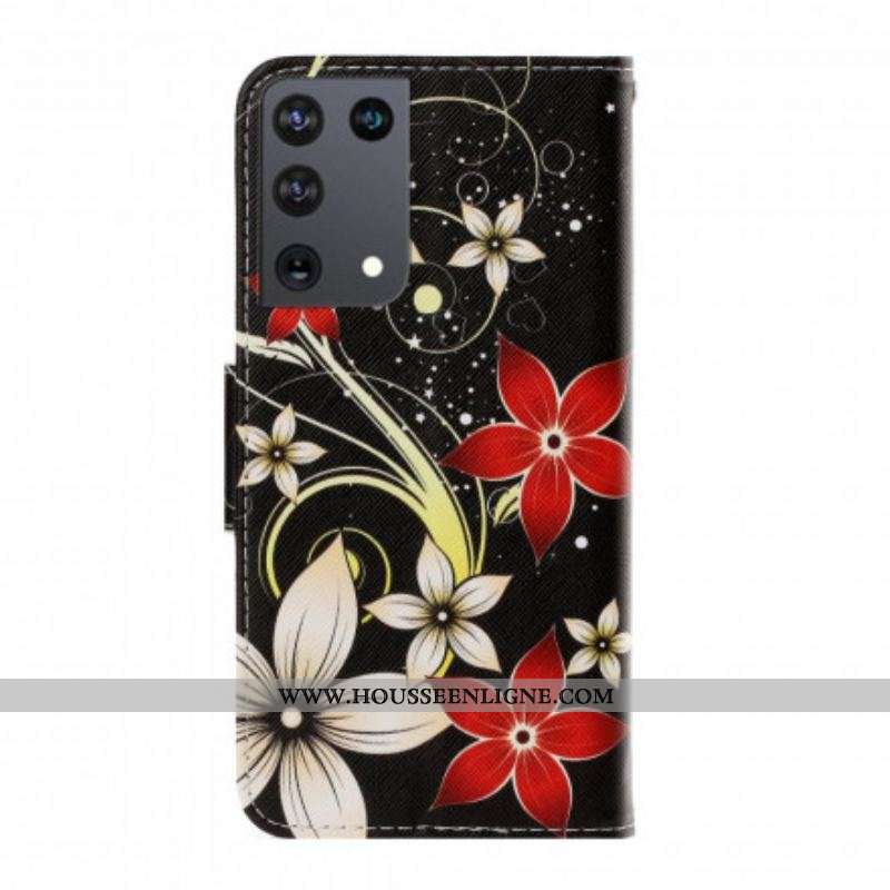 Housse Samsung Galaxy S21 Ultra 5G Fleurs Colorées à Lanière